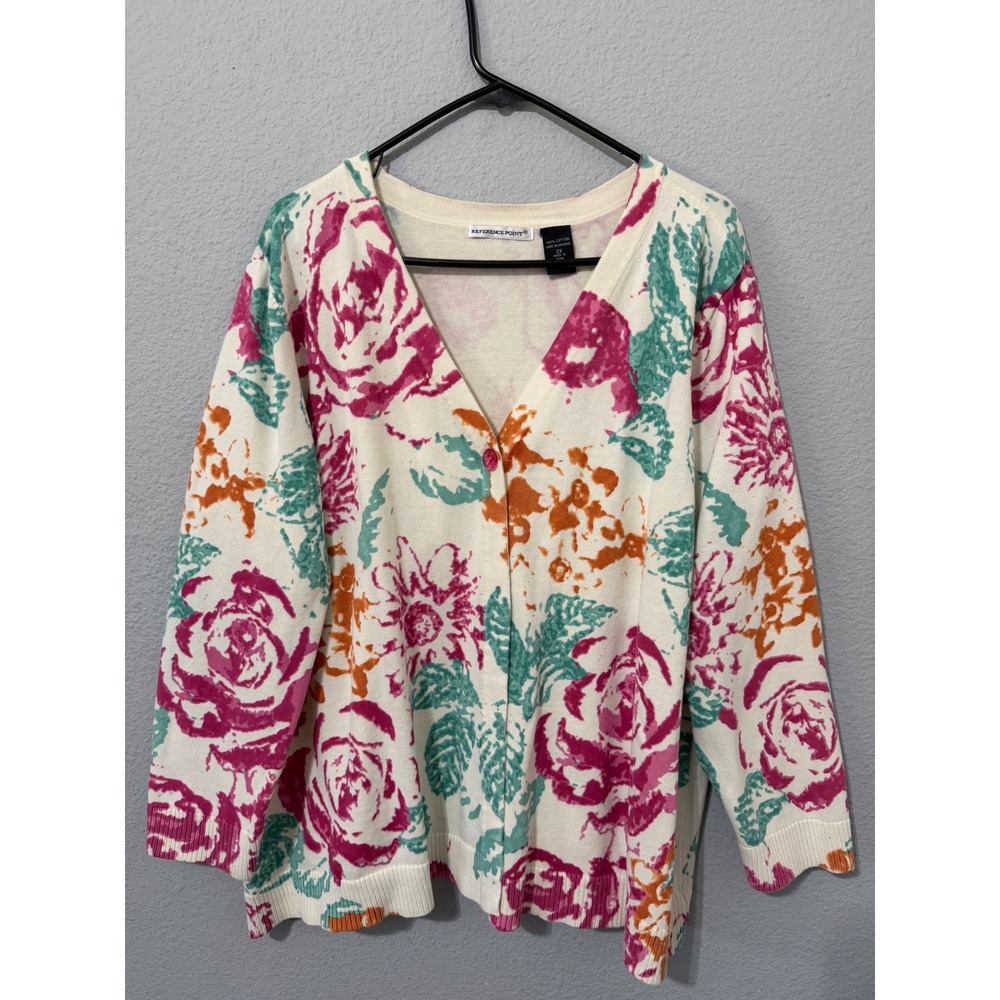 Reference Point Womens 2X Floral Cardigan Sweater 100% Cotton V-Neck Cottagecore